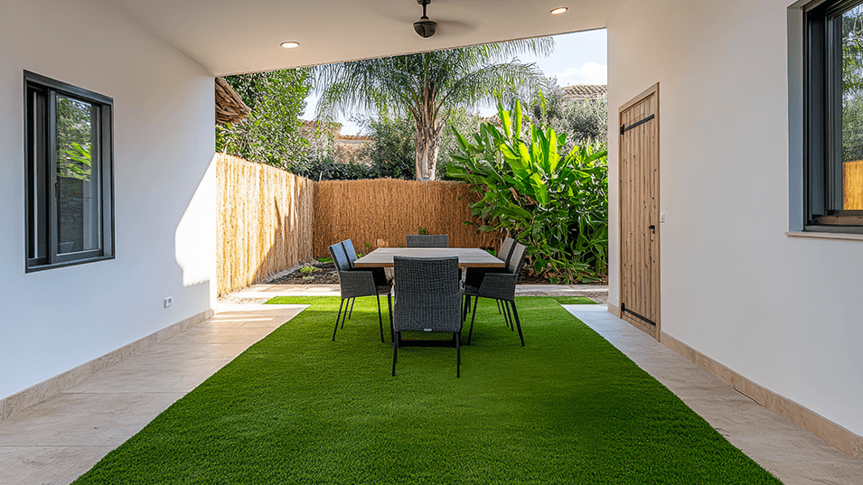 An Under Cover Patio With Artificial Grass Showcasing The Benefits of Installing Artificial Grass in Shaded Areas